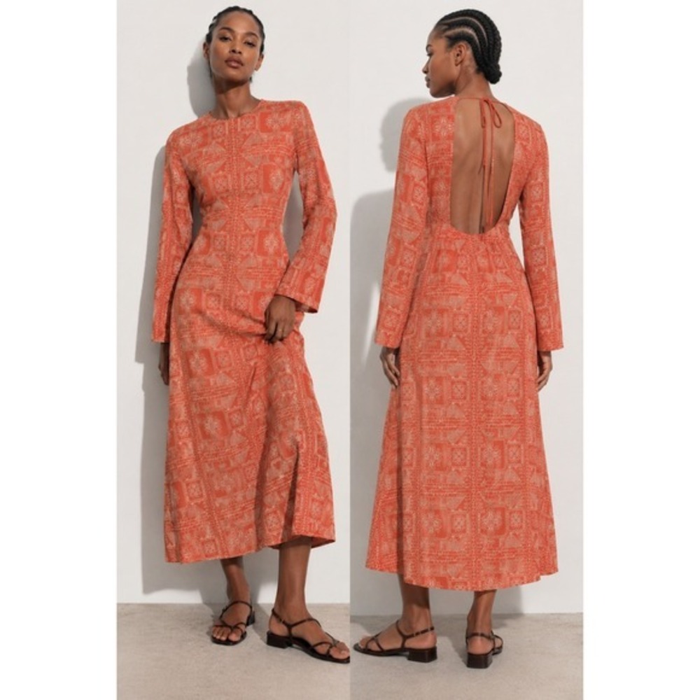 Zara‎ Embroidered Open Back Midi Dress Orange White Bell Sleeve Boho Size Medium